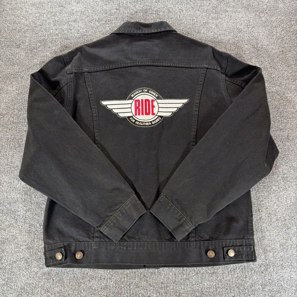 Vintage Lee Black Denim Jacket March Of Dimes Size Medium 90’s Y2K Biker Jacket